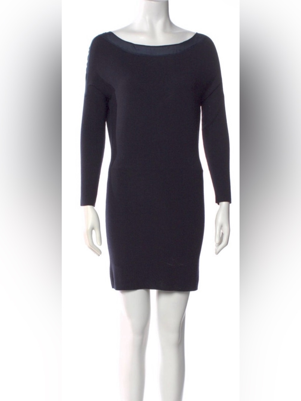 Theory Navy Black Wool Boatneck Long-Sleeve Mini Dress